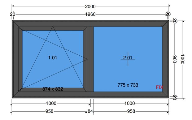 Kunststof raam 2.000x1.000mm (links draai-/kiep, rechts vast) antraciet