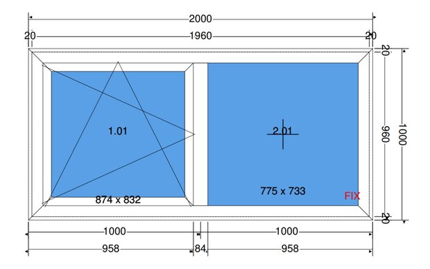 Kunststof raam 2.000x1.000mm (links draai-/kiep, rechts vast) wit
